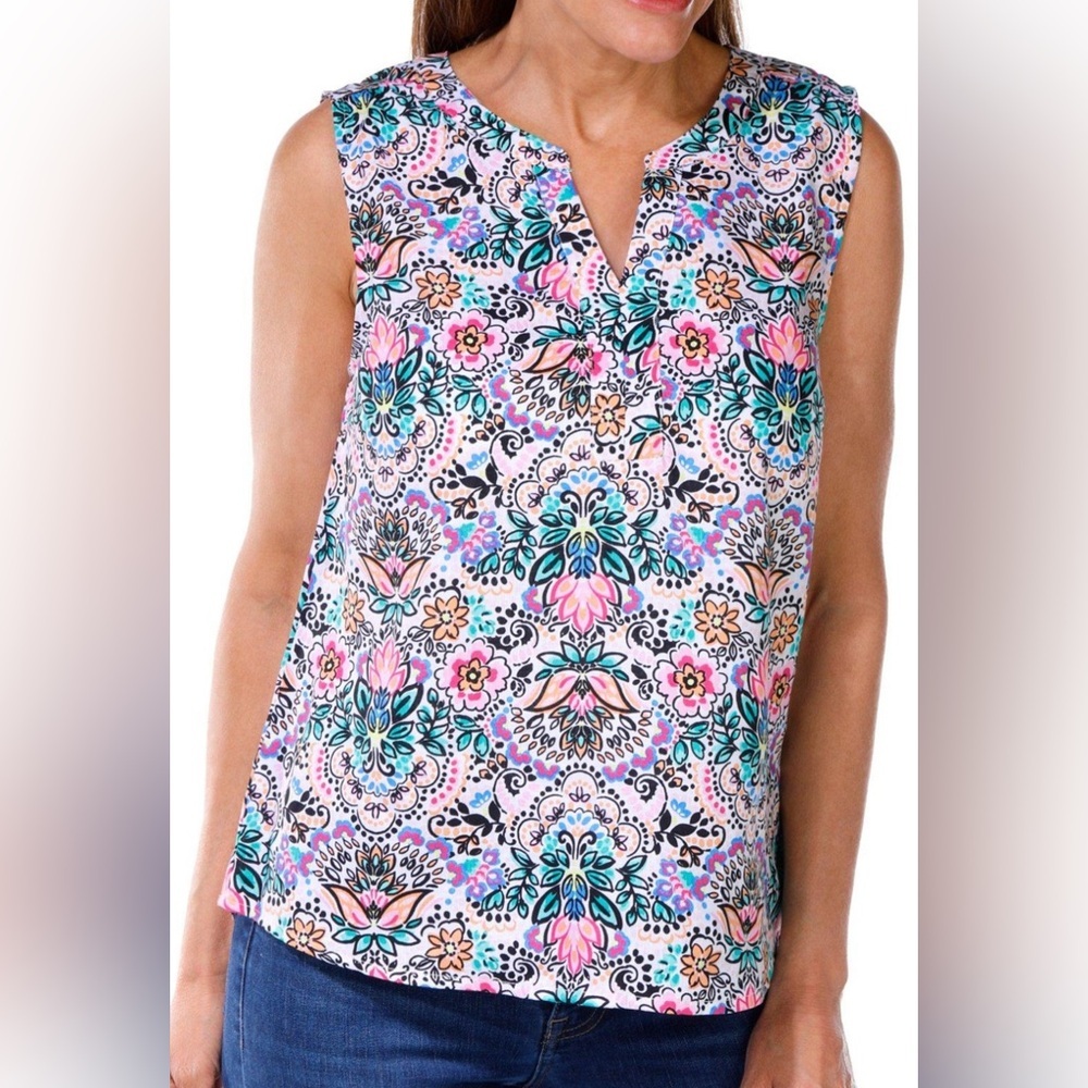 Coral Bay Floral Sleeveless Blouse - Pink & Blue Size Small Career Office Church